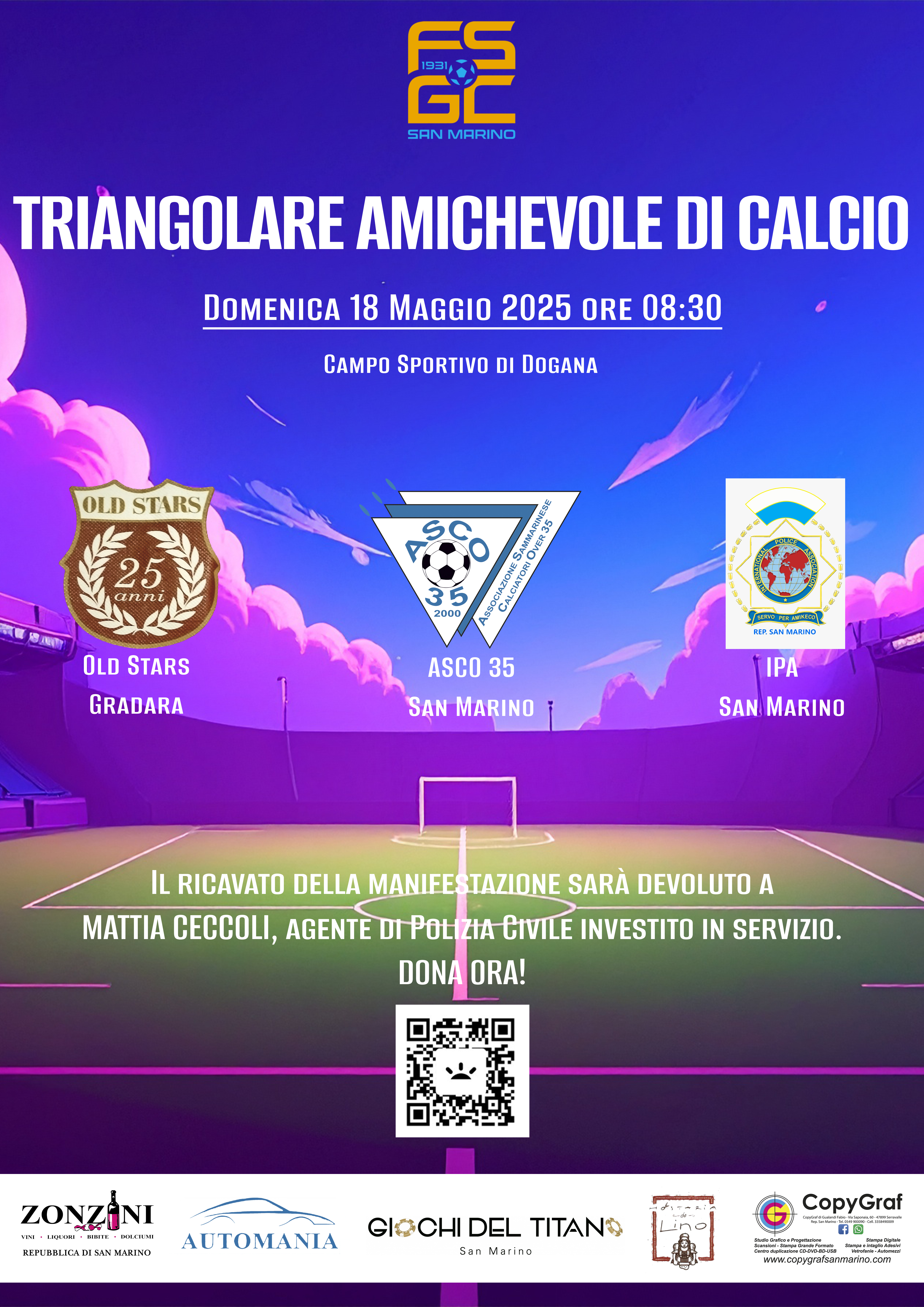 ASCO 35 in campo domenica: raccolta fondi per l’agente Ceccoli