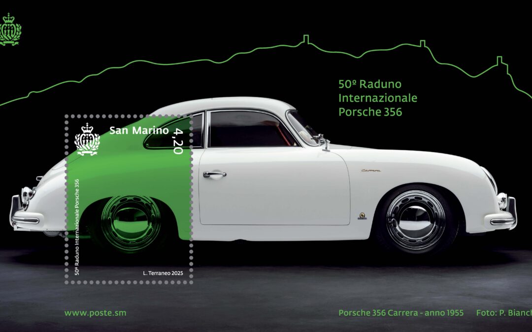 Classico, iconico, senza tempo: il mito Porsche 356 sfreccia tra le vie storiche di San Marino e diventa francobollo