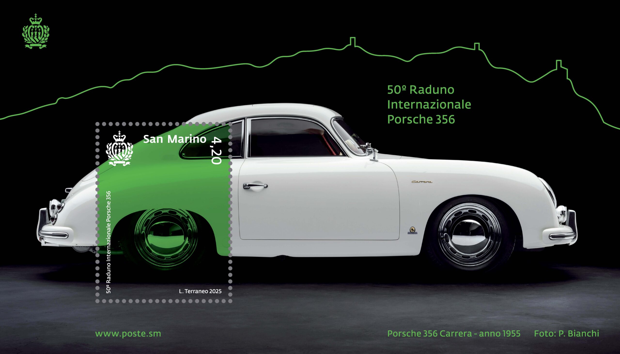Classico, iconico, senza tempo:  il mito Porsche 356 sfreccia tra le vie storiche di San Marino e diventa francobollo
