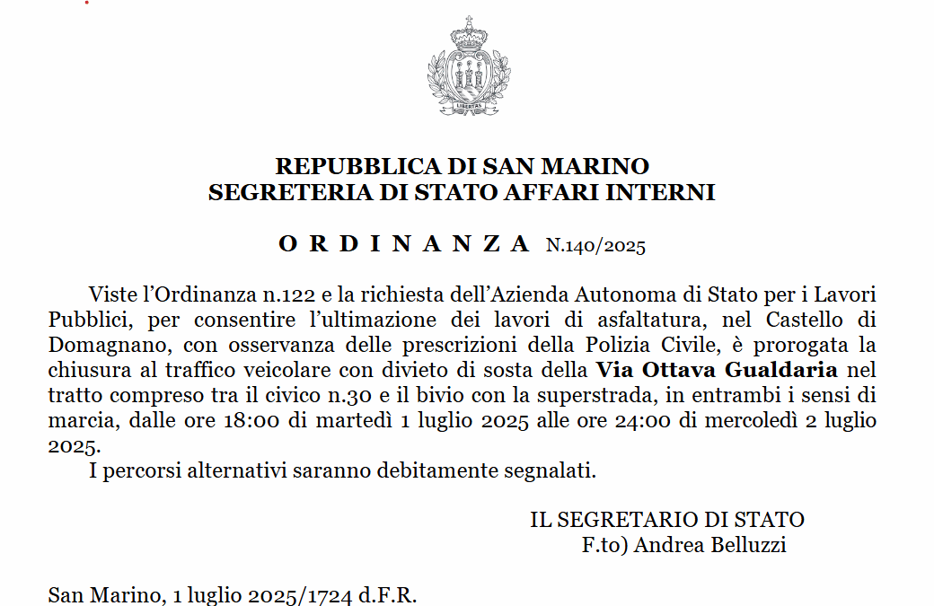 Proroga della chiusura temporanea di strada Ottava Gualdaria – Domagnano