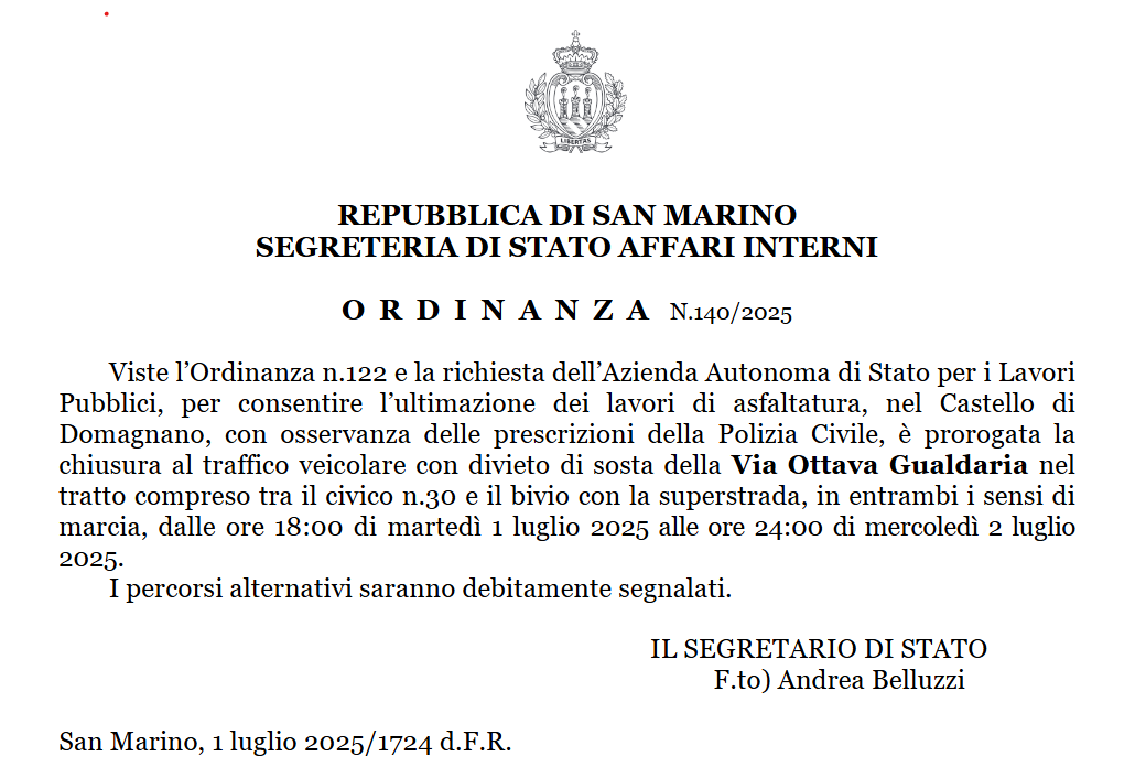 Proroga della chiusura temporanea di strada Ottava Gualdaria – Domagnano