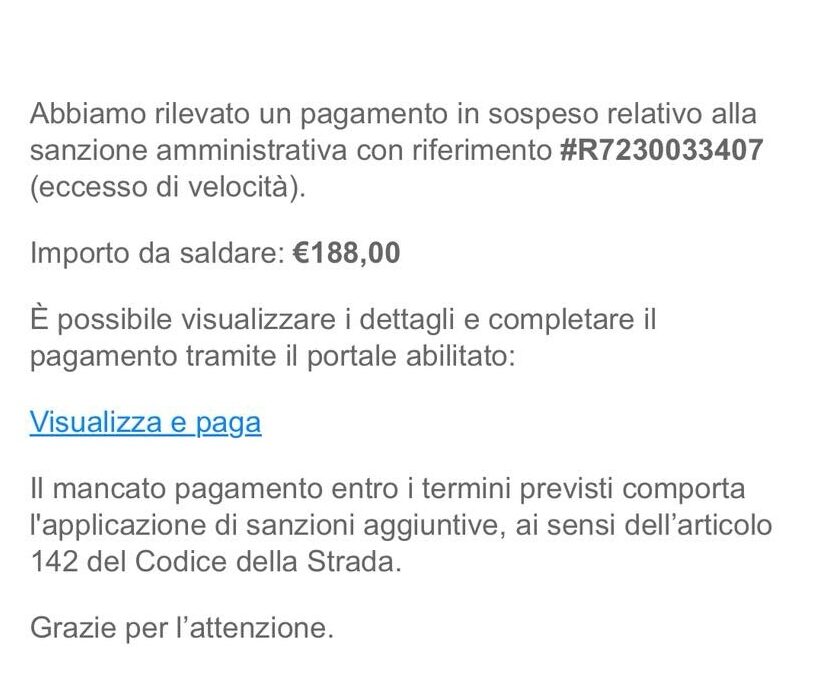 ALLERTA TRUFFA – “Pagamento in sospeso per una multa”. MA è solo phishing