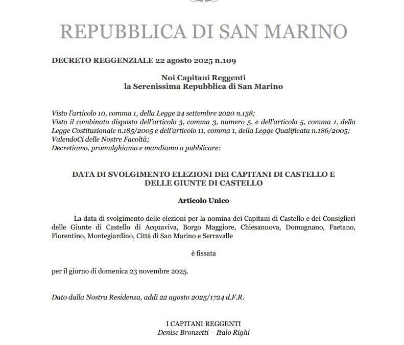 Elezioni delle Giunte dí Castello: si voterà domenica 23 novembre 2025