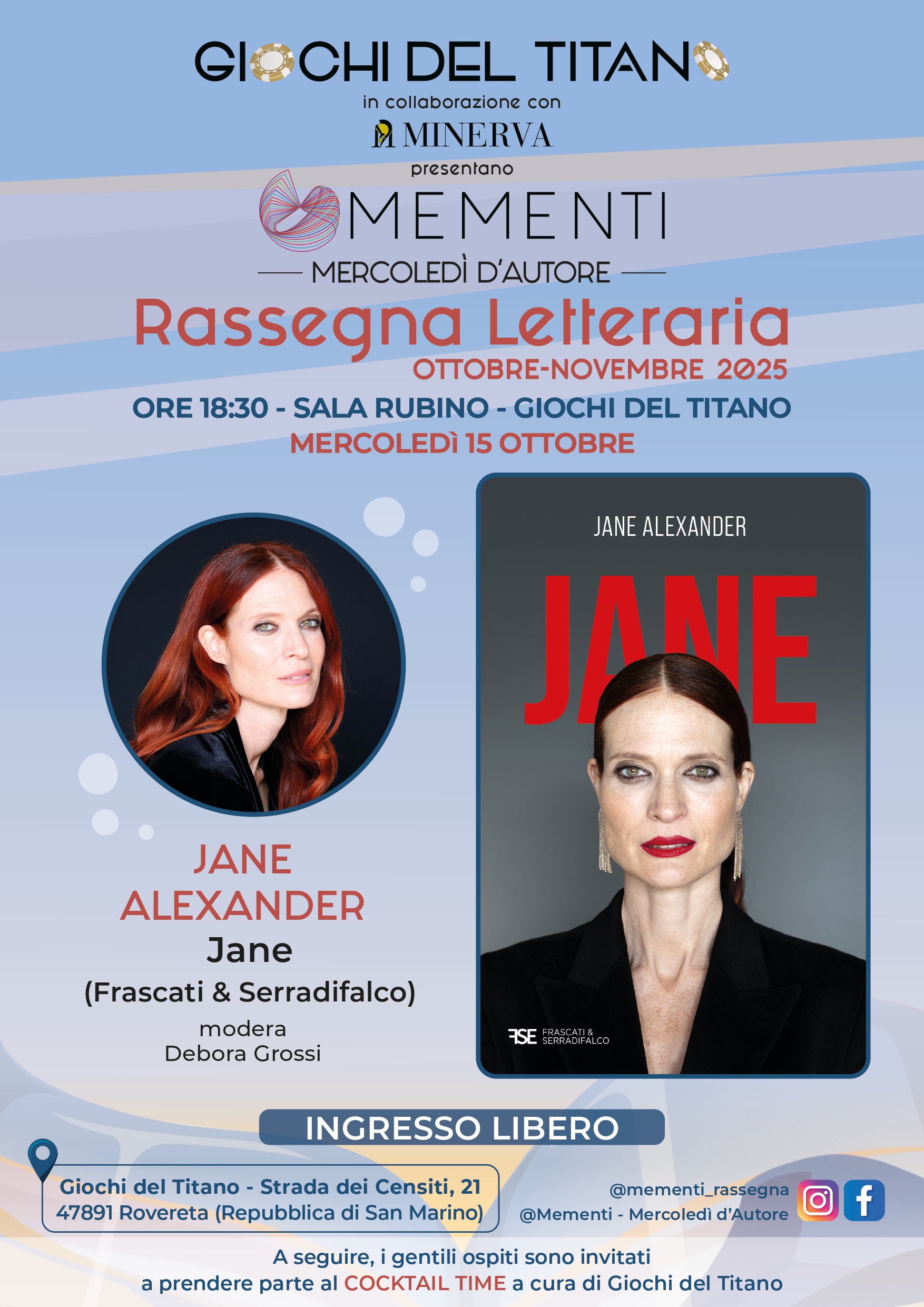 Jane Alexander presenta l’autobiografia ‘Jane’ in occasione di ‘Mementi – Mercoledì d’Autore’