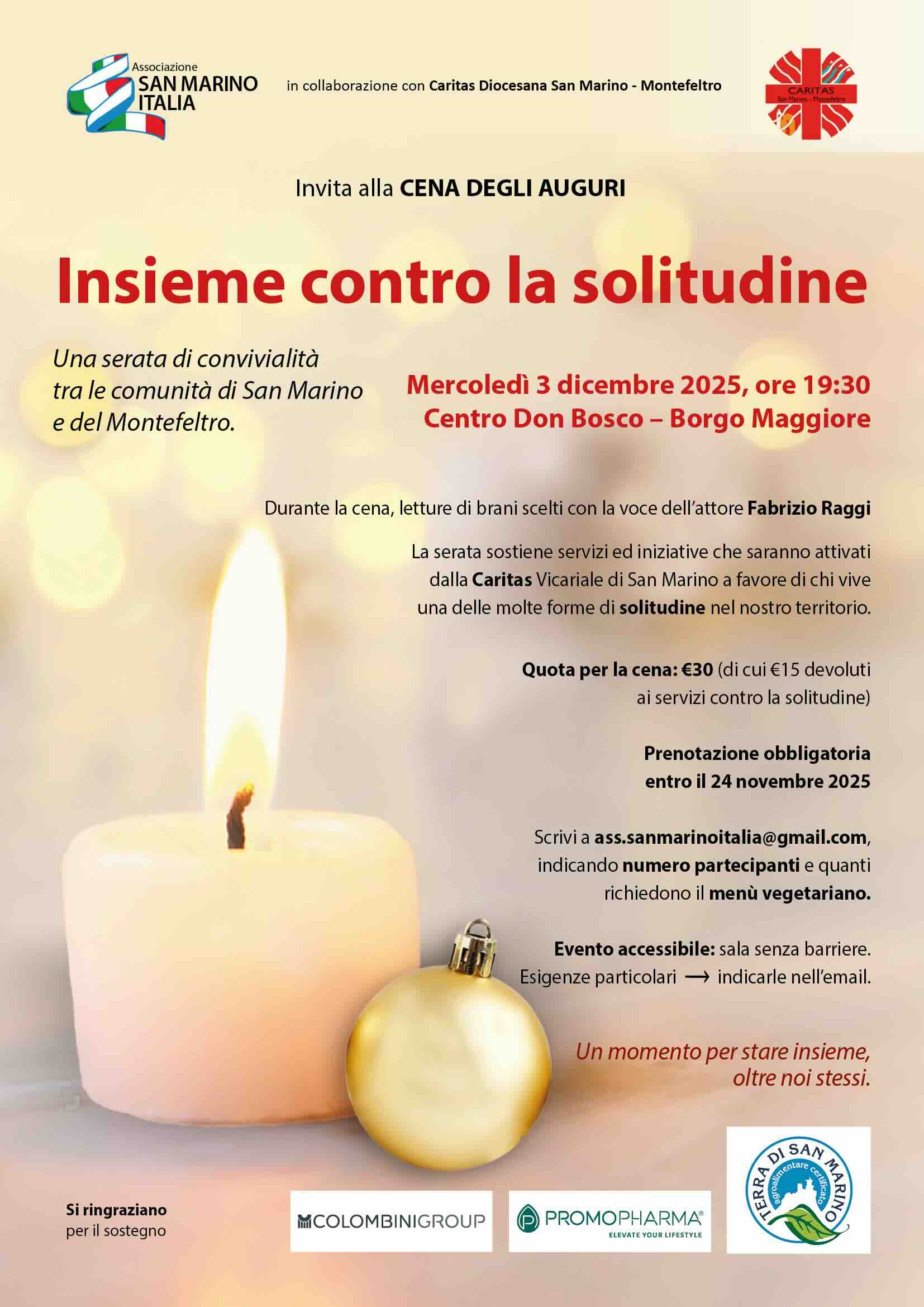 Cena degli auguri “Insieme contro la solitudine” al centro Don Bosco di Borgo Maggiore