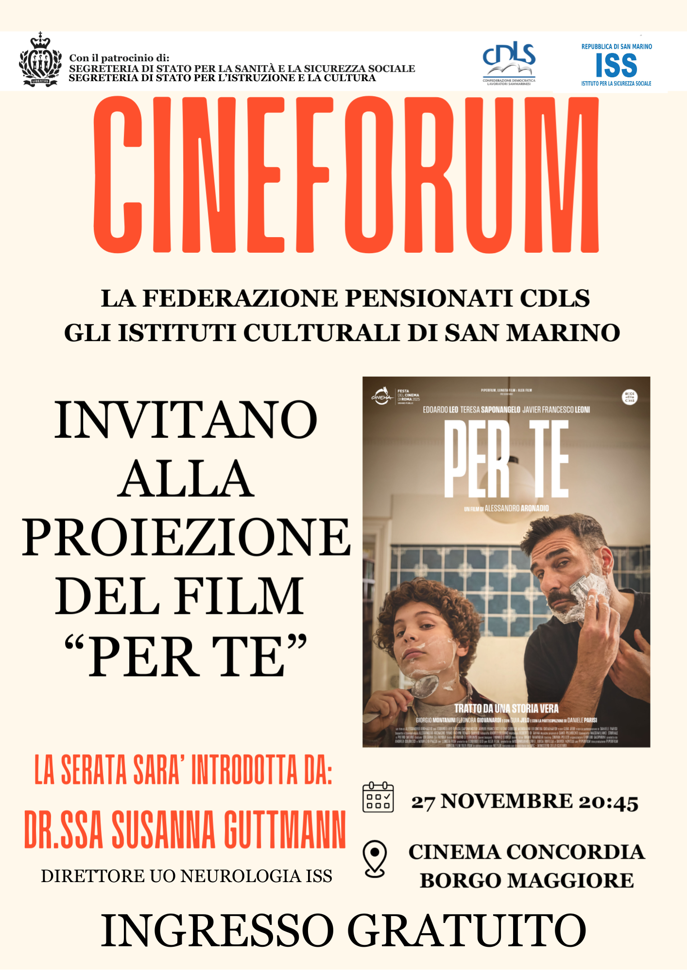 Proiezione gratuita del film “Per Te”: l’iniziativa FNPS-CDLS al Cinema Concordia