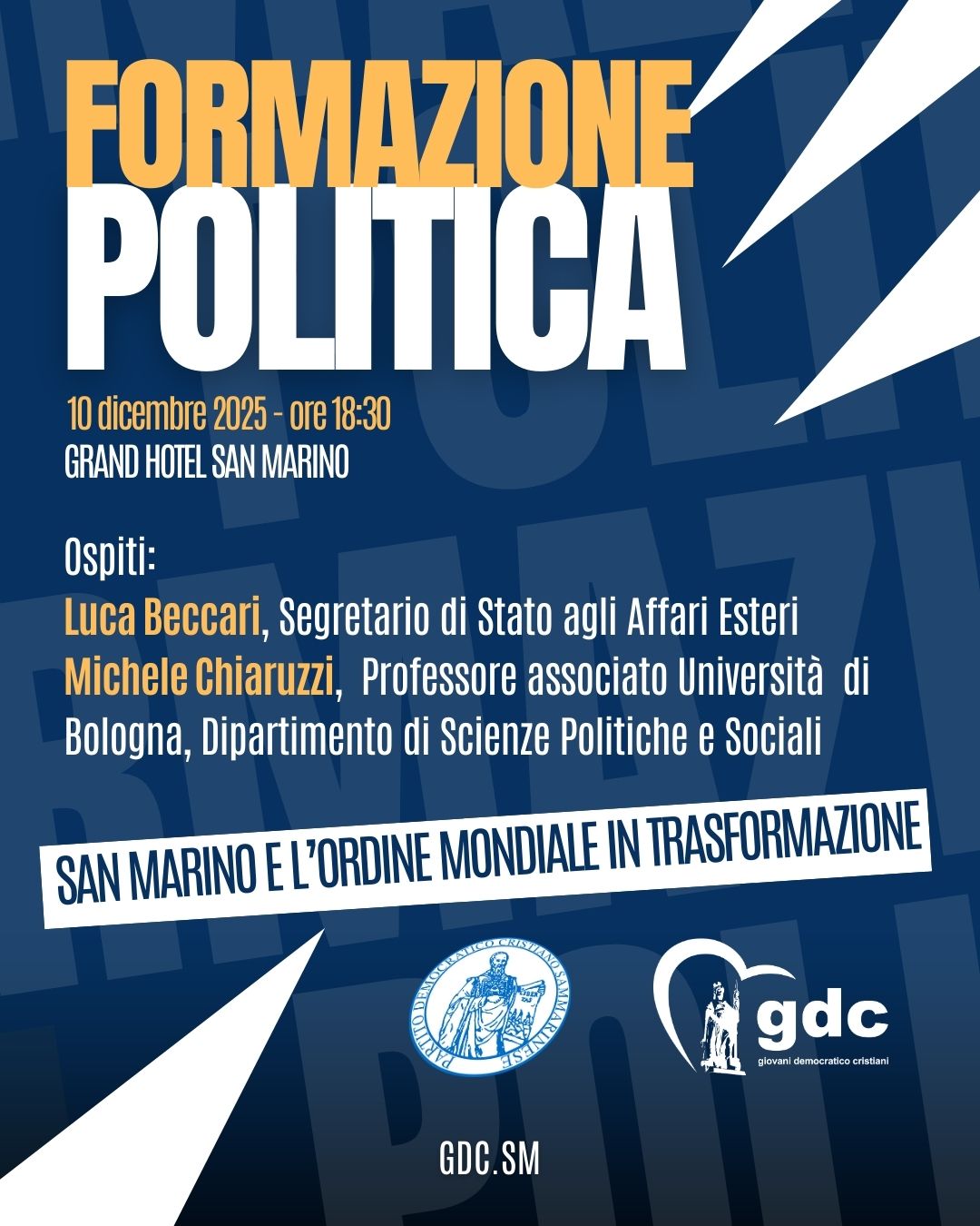 Scuola di formazione politica Gdc, terzo incontro dedicato al ruolo di San Marino nel nuovo ordine mondiale