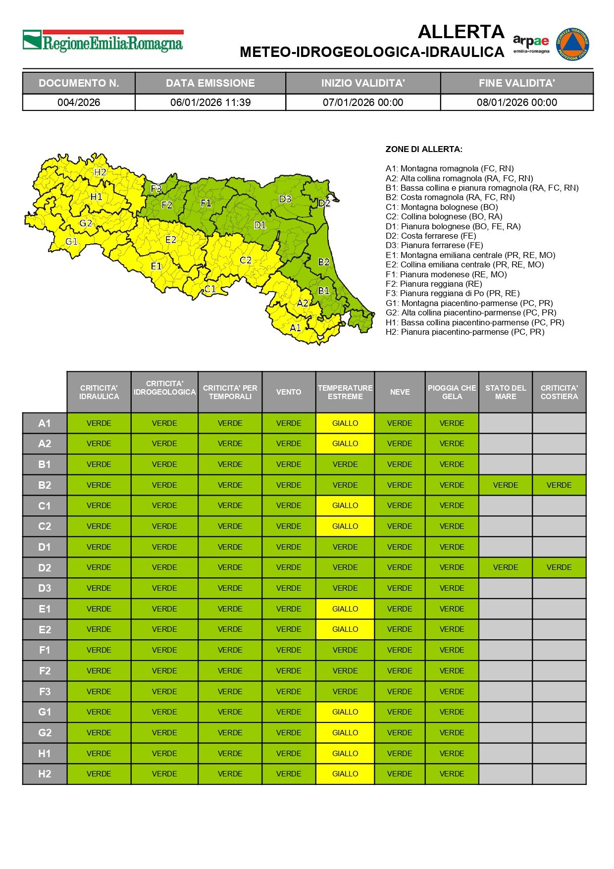 Allerta gialla per temperature rigide nelle province emiliano-romagnole
