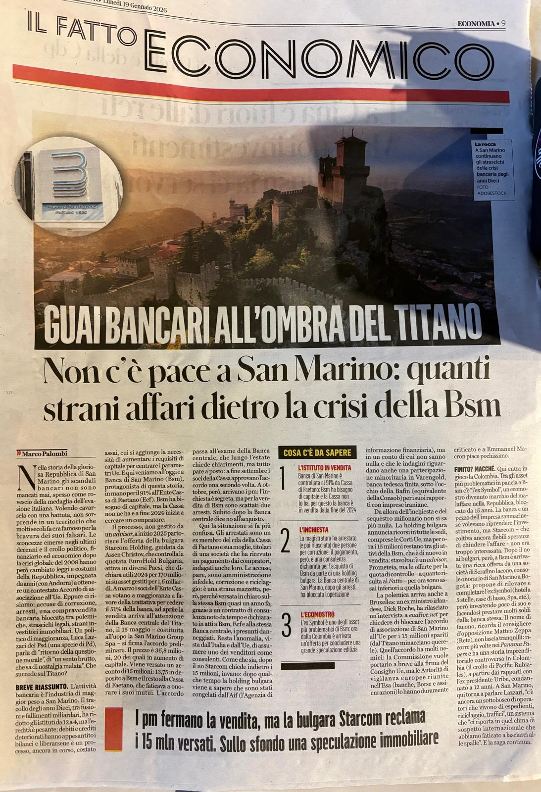 Guai bancari all’ombra del Titano: la crisi Bsm raccontata da Il Fatto Quotidiano