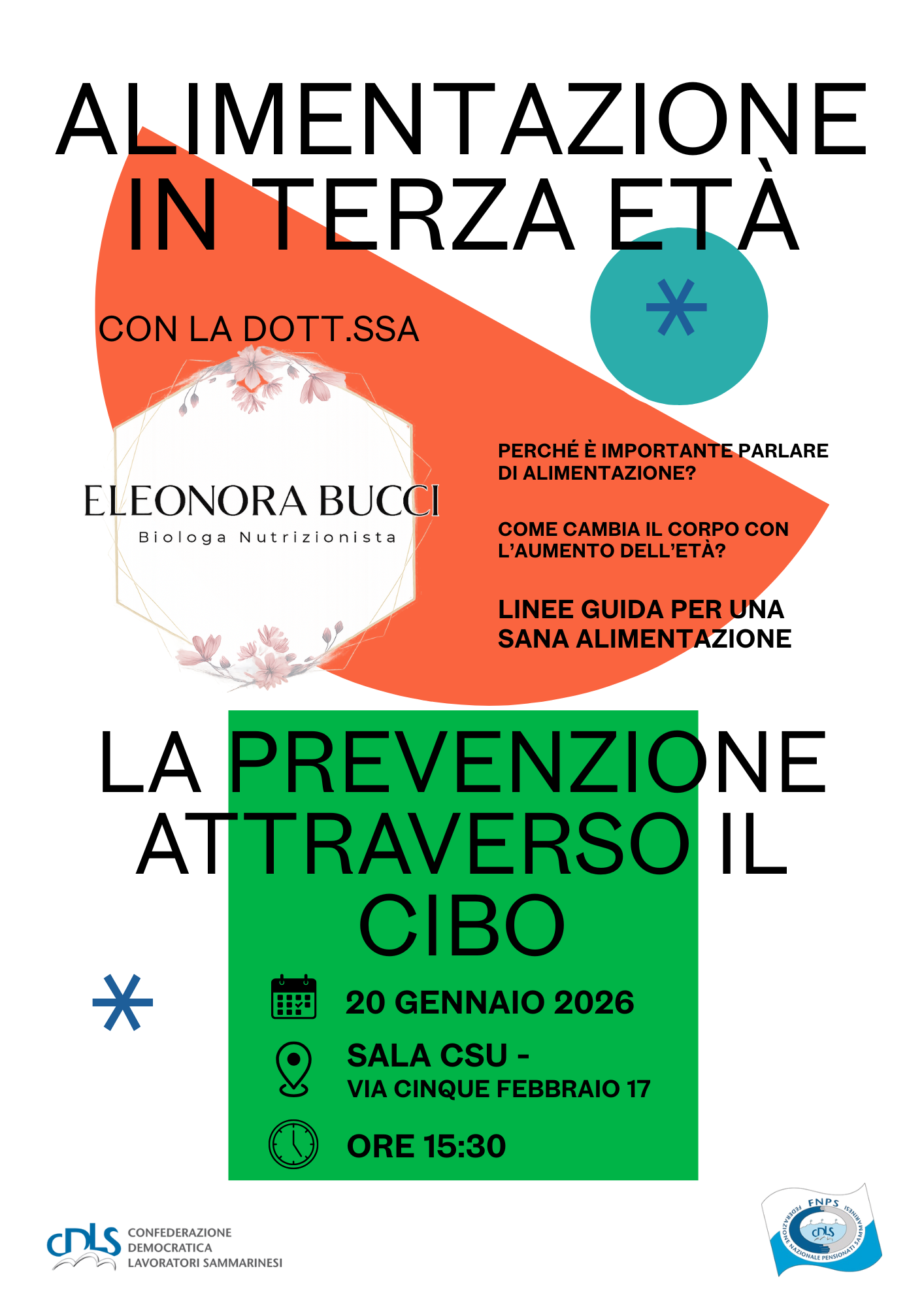 Alimentazione e prevenzione nella terza età, incontro promosso dalla Federazione pensionati CDLS