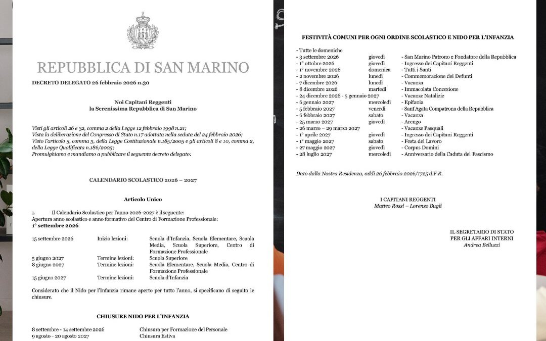 San Marino, definito il calendario scolastico 2026-2027: lezioni al via il 15 settembre