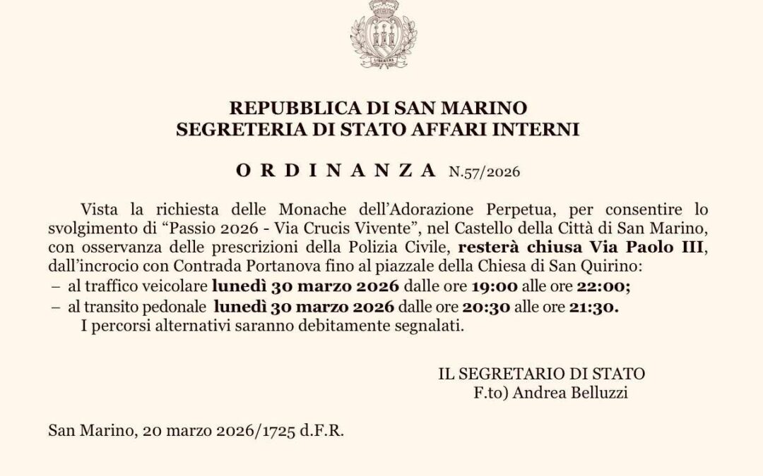 San Marino, viabilità modificata per la Via Crucis Vivente