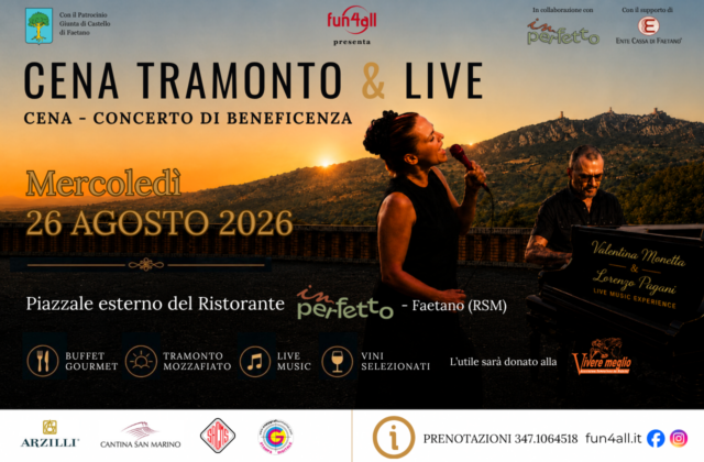 Cena al tramonto, musica e solidarietà: a Faetano la serata con Valentina Monetta e Lorenzo Pagani