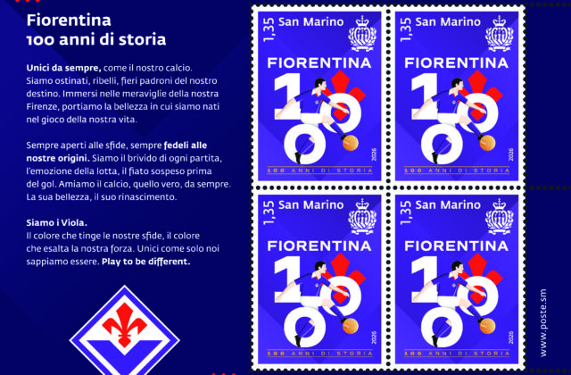 San Marino celebra i 100 anni della Fiorentina: il centenario viola diventa un francobollo