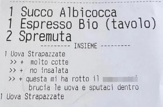Riccione, frase choc sulla comanda: «Brucia le uova e sputaci dentro»
