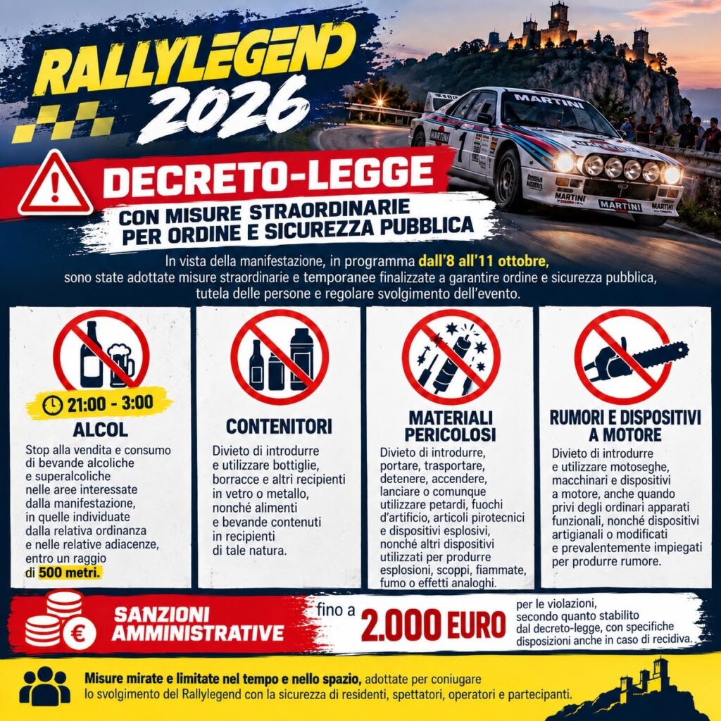 Rallylegend, dalle 21 alle 3 vietato anche bere alcolici: mille euro di multa a chi consuma entro 500 metri dalla gara, non solo a chi vende