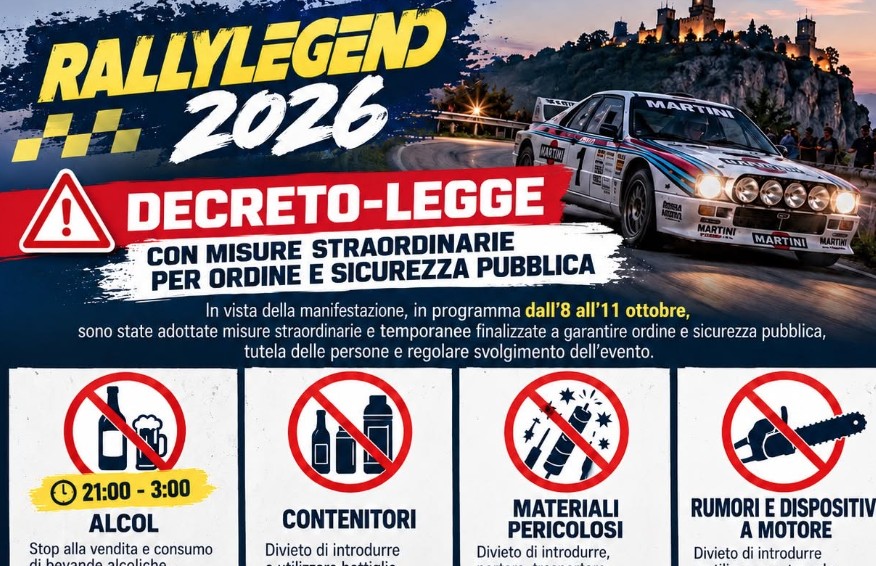 Rallylegend, dalle 21 alle 3 vietato anche bere alcolici: mille euro di multa a chi consuma entro 500 metri dalla gara, non solo a chi vende