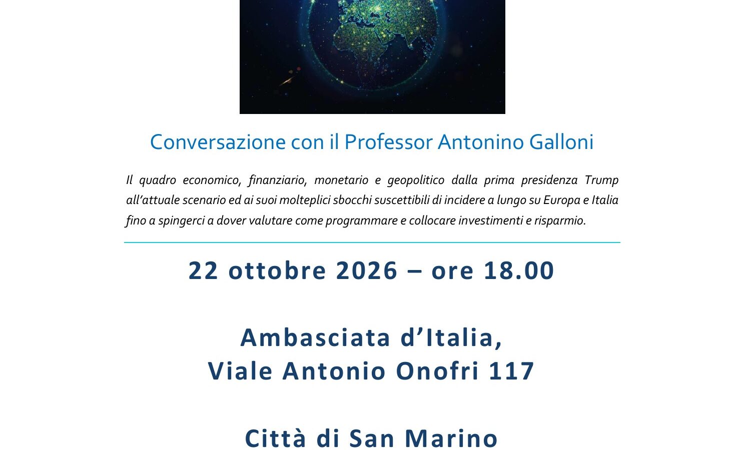 San Marino, economia e geopolitica al centro di una conferenza con il professor Antonino Galloni