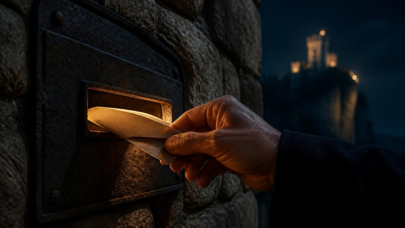 Una mano infila un foglio in una vecchia buca delle lettere di pietra a San Marino, di notte