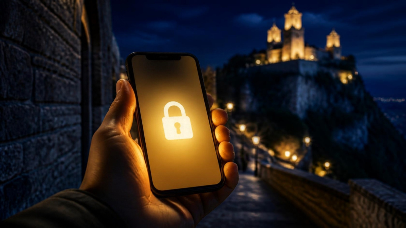Una mano tiene un telefono con un lucchetto acceso, di notte a San Marino