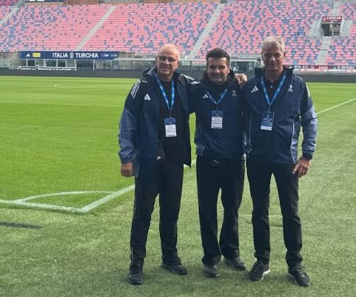 Stadium security: San Marino stewards and gendarmes observe at the Dall’Ara